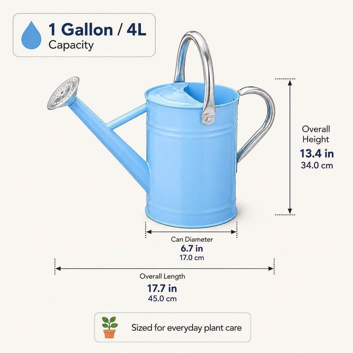 1 Gallon Metal Watering Can for Indoor Outdoor Plants, Blue