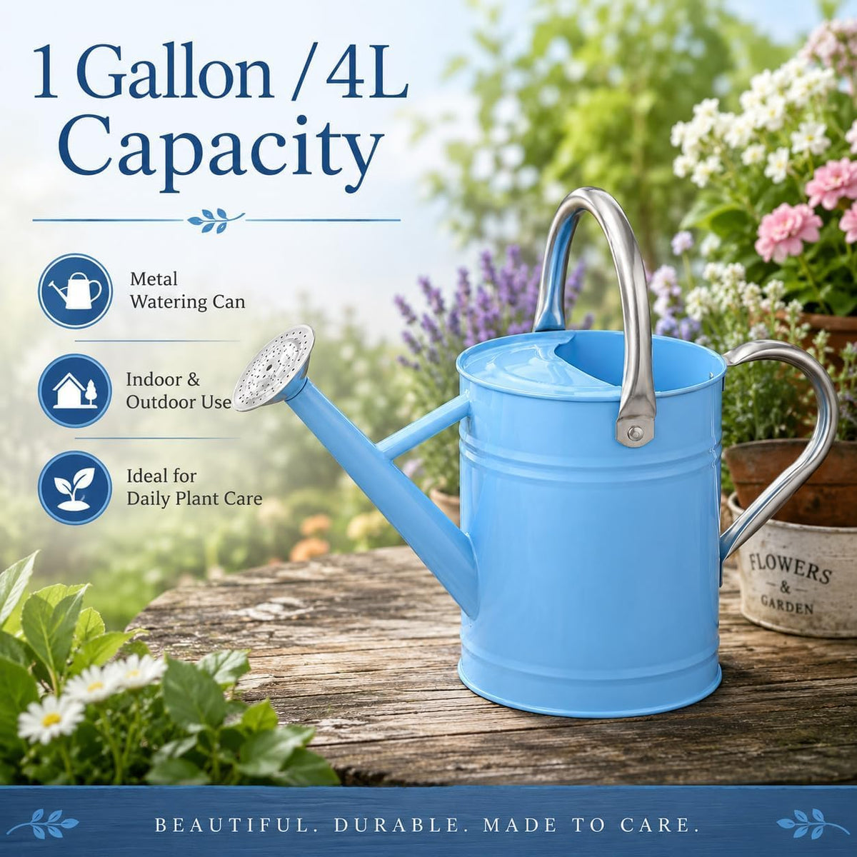 1 Gallon Metal Watering Can for Indoor Outdoor Plants, Blue