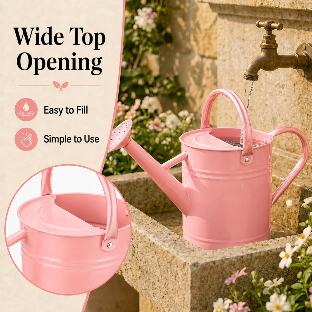 1 Gallon Metal Watering Can for Indoor Outdoor Plants, Pink