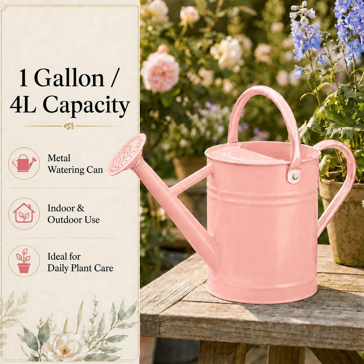 1 Gallon Metal Watering Can for Indoor Outdoor Plants, Pink