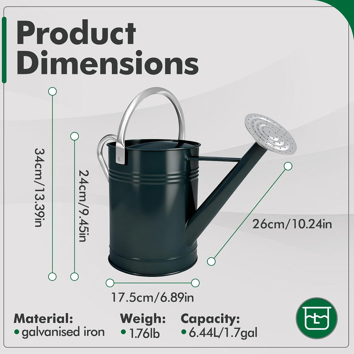 Galvanized Iron Watering Can for Indoor Plants, DIY Watering Cans for House Plant Garden Flower, Long Spout Water Can for Outdoor Watering Plants 6.44L 1.7Gallon (Dark Green)