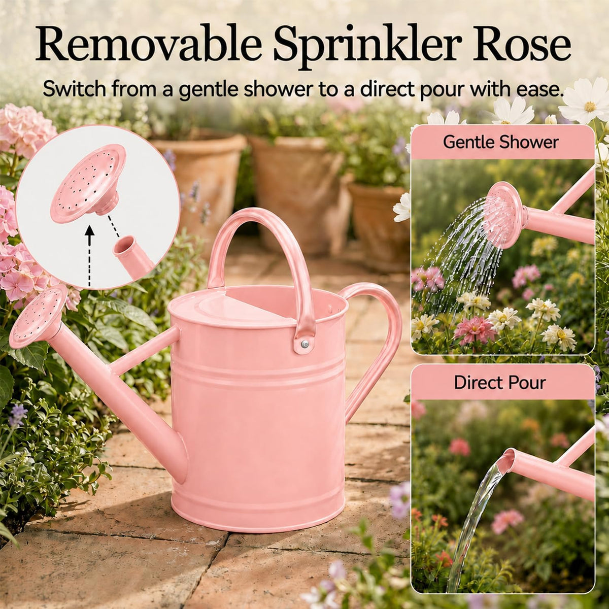 1 Gallon Metal Watering Can for Indoor Outdoor Plants, Pink