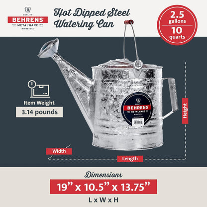 Behrens Weatherproof Hot Dipped Galvanized Steel Watering Can with Wooden Handle and Side Handle for Watering Flowers and Gardens, Gray.