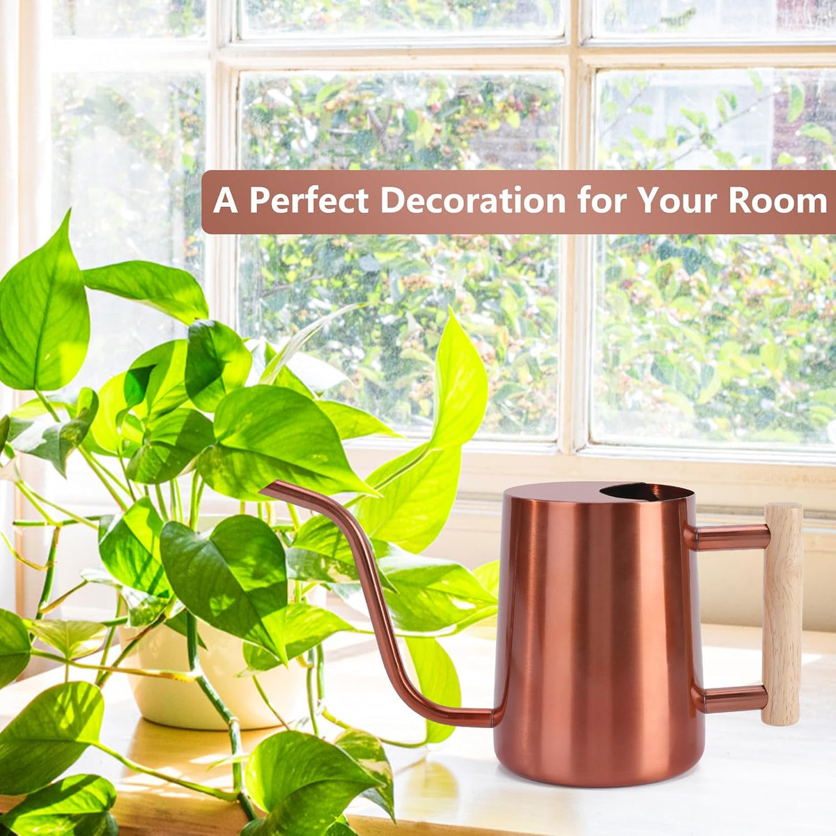 Watering Can Indoor Plants, 35oz Small Stainless Steel Metal Watering Can Modern Decorative Watering Pot with Long Spout for Indoor House Plant Bonsai Garden Flowers (Copper)