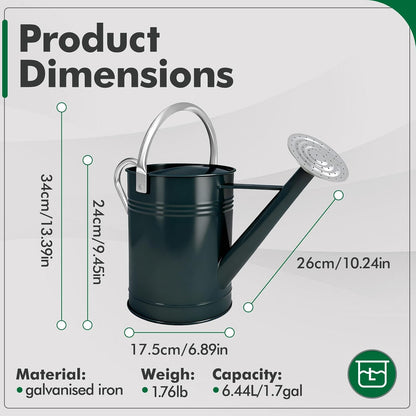 Galvanized Iron Watering Can for Indoor Plants, DIY Watering Cans for House Plant Garden Flower, Long Spout Water Can for Outdoor Watering Plants 6.44L 1.7Gallon (Dark Green)
