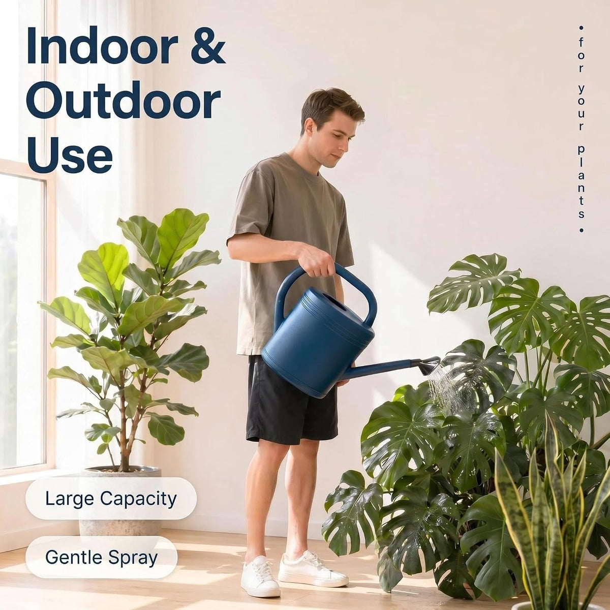 NERUB 2 Gallon Watering Can for Outdoor Plants, Large Garden Watering Can with Long Spout and Removable Stainless Steel Sprinkler Head, Plastic Water Can for Patio, Greenhouse and Flowers